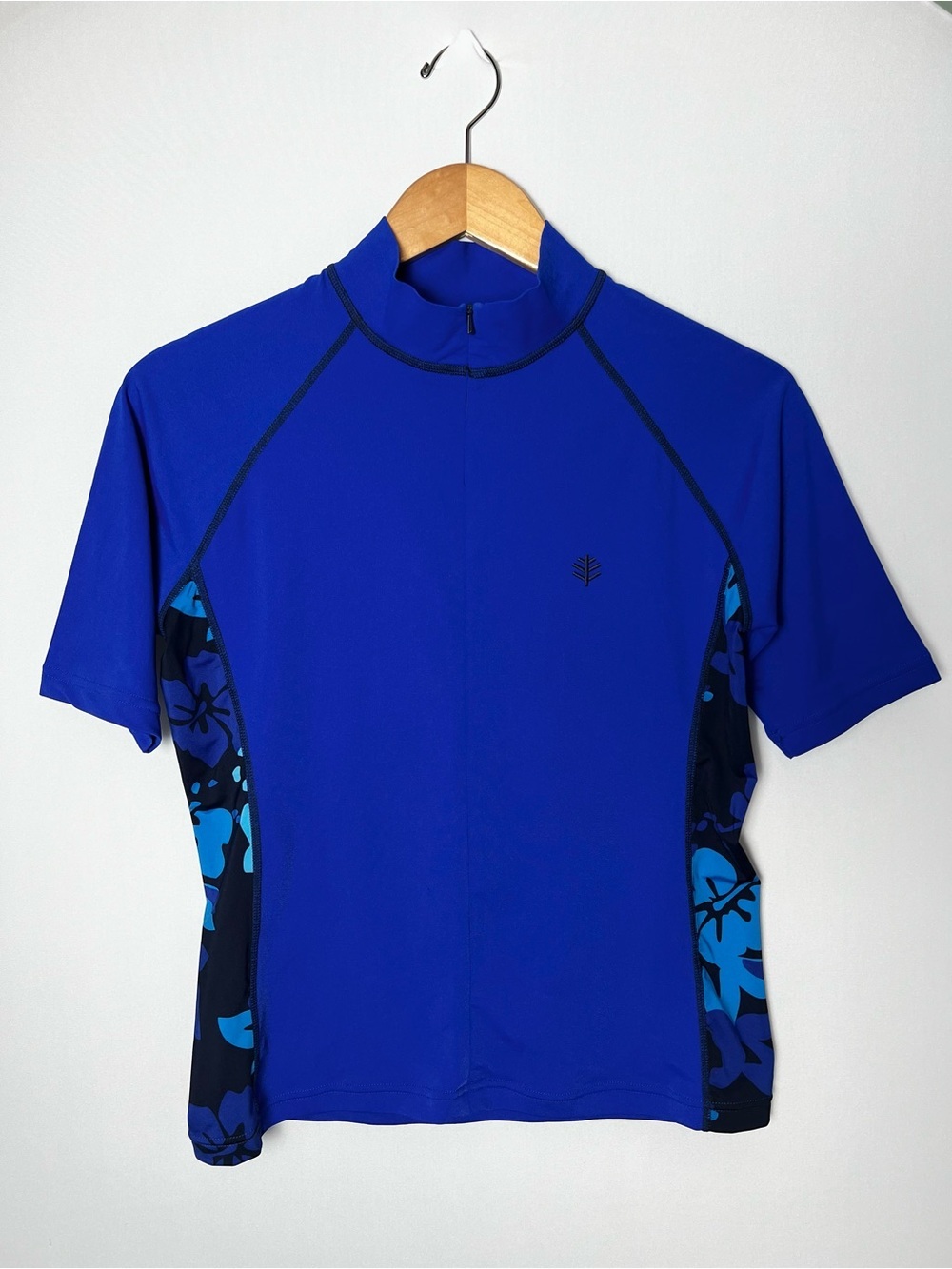 Coolibar Rash Guard Swim Shirt Womens Small Blue Floral UPF 50 Beach Tee 1/4 Zip